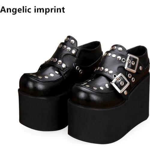 Angelic imprint woman mori girl lolita cosplay punk motorcycle shoes lady high heels wedges pumps women trifle heel shoes 10cm