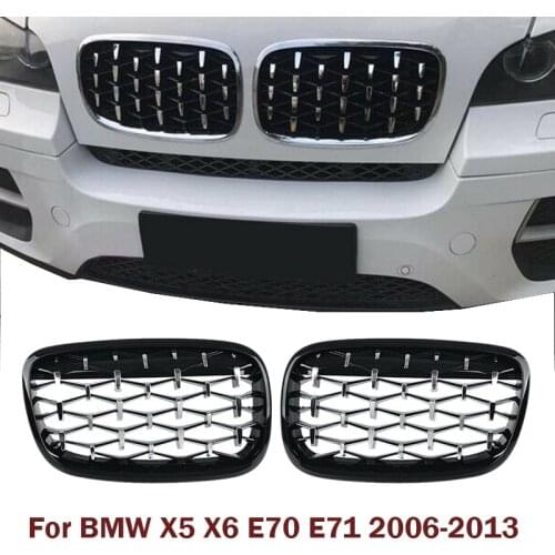 A Pair Car Diamond Grills Front Kidney Grill Chrome Mesh Grille For BMW X5 X6 E70 E71 2006-2013 Car Accessories