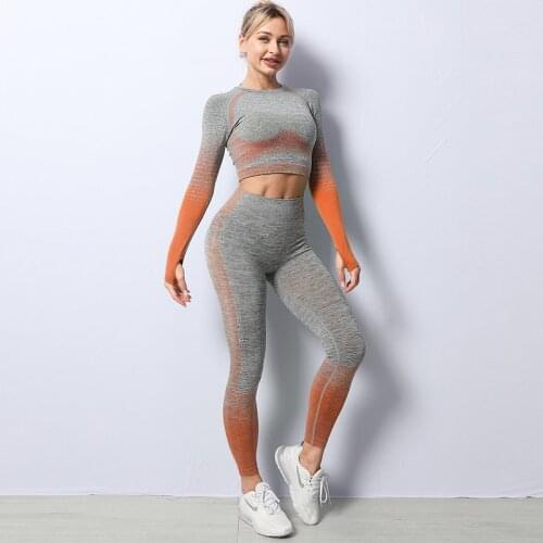 Seamless Yoga Set Fitness 2pcs Women Sportswear Gym Workout Clothes Long Sleeve Crop Top High Waist Leggings Running Sport Suit