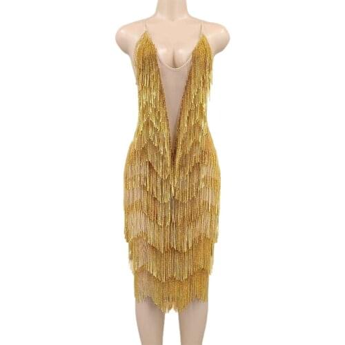 Sparkly Gold Rhinestone Fringe Transparent Backless Dresses for Women Birthday Celebrate Outfit Women Dancer Show Costumes Dress