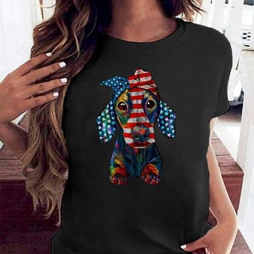 Cute Dog Prints Prints Womens T-Shirts Independence Day T-Shirt Female Summer O-Neck Top Female Casual Tee Short-Sleeved Shirts