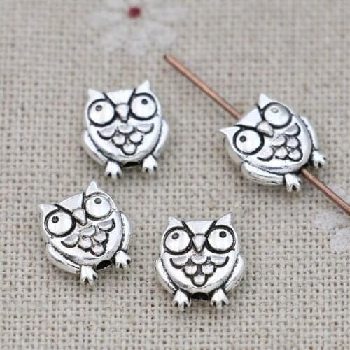 JAKONGO Antique Silver Plated Owl Spacer Beads Vintage Loose Beads for Jewelry Making Bracelet DIY Handmade 11x9mm 15pcs