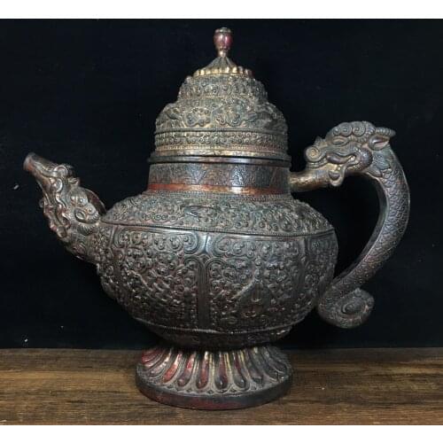 Chinese temple collection Old Bronze Cinnabar Lacquer Dragon statue Dragon pot Dragon mouth teapot flagon Ornaments Town House