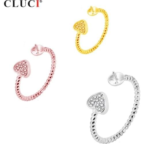 CLUCI 925 Sterling Silver Adjustable Pearl Ring Mounting Heart Ring Bridal Engagement Ring for Women Jewelry Gift SR2112SB