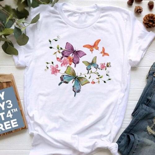 Summer Fashion Shirt Butterfly Plant Graphic T Shirt Women Tops Base O-neck Black Tees Funny 90s Girls Ladies Tshirt Tops