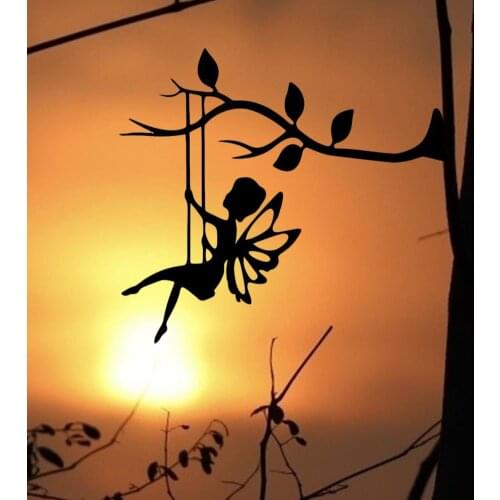 Metal Art Silhouette Tree Hanging Swinging Fairy Decor Outdoor Garden Butterfly Fairy Statue Backyards Tree Decor
