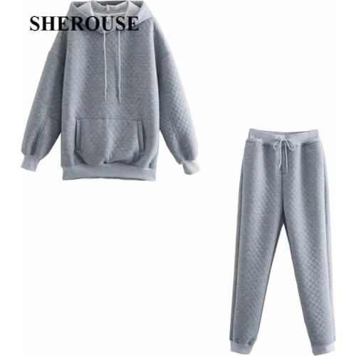 New Winter Women 2 pieces Set Solid Long Sleeve Hooded Sweatshirt Long Pants Suit Female Fashion Casual Women Outfit Pants Sets