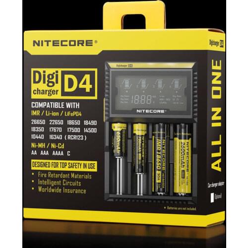 Original Nitecore D4 Battery Charger LCD Smart Charging for 18650 14500 16340 26650 Batteries 12V Charger for A AA AAA Batteries