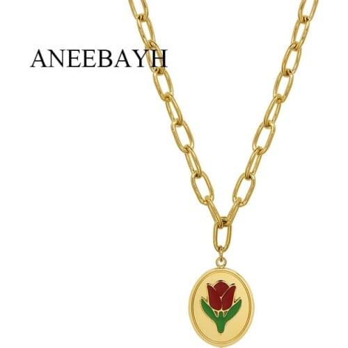 Vintage Oval Shape Pendant Necklaces For Women Chunky Enamel Red Tulip Flower Thick Metal Chain Necklace Stainless Steel Jewelry