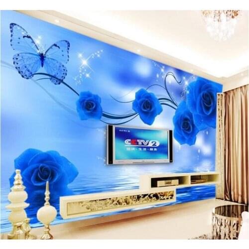 Custom photo wallpaper mural sticker luxury blue flower rose sofa TV wall background papel de parede