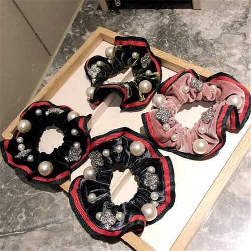 Women Scrunchies Elastic Hair Ties Bands Adult Velvet Pearl Bow Knot Fashion Girl Korean Mujer Accessories Hyuna Wholesale
