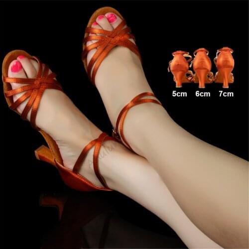 Women Latin Dance Shoes Satin Sandal Ladies Girls Salsa Tango Ballroom Dancing Shoes Soft Sole High Heels 5 cm/6 cm/7 cm DS051