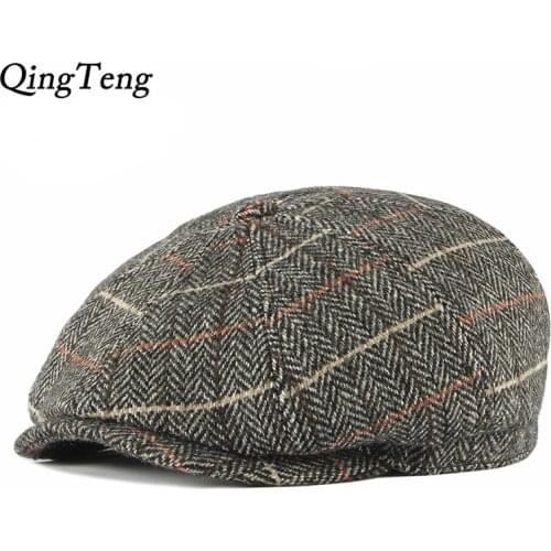 Wool Men Berets Hat Vintage Plaid Peaky Blinders Autumn Herringbone Octagon Cap WomenS Casual Pumpkin Hat Gatsby Flat Beret Hat