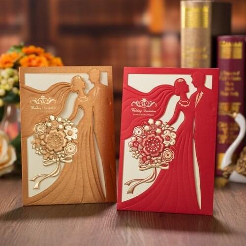 100pcs Wedding Invitations Card with Bride and Groom Red Gold Elegant Greeting Cards and Envelopes for Wedding Party Decorations