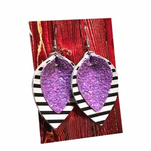 Sparkly Layered Faux Leather Leaf Earrings Glitter Black & White Striped Teardrop Earrings Customize