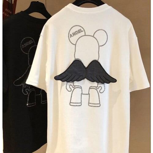 Loose Back Wings Diamond Short-sleeved T-shirt Female Bear Embroidery Bottoming Shirt Graphic T Shirts