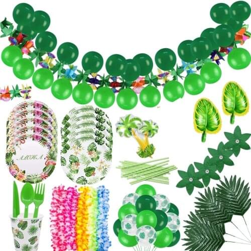 Hawaiian Party Decoration Luau Flamingo Aloha Disposable Tableware Palm Leaves Latex Balloons For Hawaii Tropical Summer Party