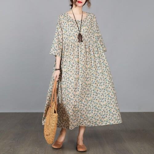 Half Sleeve Spring Summer Dress Print Floral Prairie Chic Holiday Style Travel Casual Dress Ramie Plus Size Women Vintage Dress