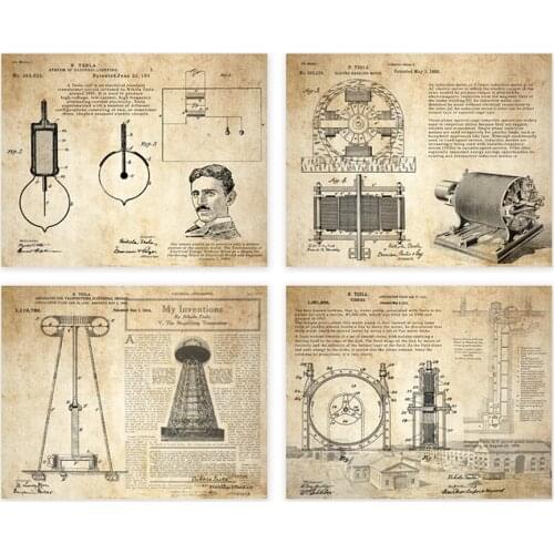 Vintage patent art prints on Telsa coil tower battery trubine motor wall decor prints 4 in 1 unframed