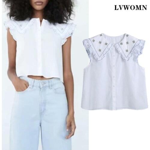 LVWOMN Za Blouses Women 2021 Summer Embroidered Lapel Poplin White Top Women Clothing Chic Sleeveless Button Female Shirt