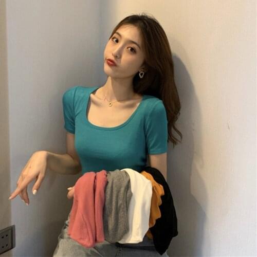 Short-Sleeved T-Shirt Women 2021 New Summer Womens Clothing Ins Tide Tight U-Neck High Waist And Navel Short Top