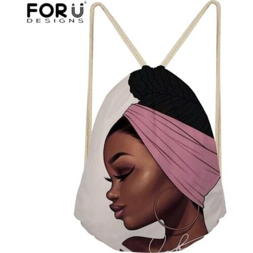 NOISYDESIGNS Black Art African Girl Printing Drawstring Bags Women Ethnic Style Beach Shoulder Bag Ladies Drawstring Bagpack