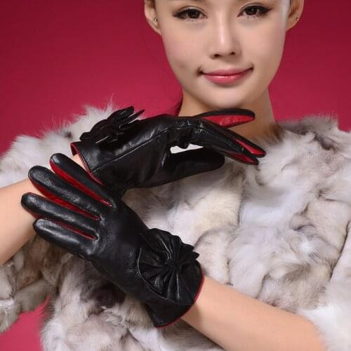 Womens sheepskin gloves fashion womens genuine leather winter thermal gloves bow finger gloves