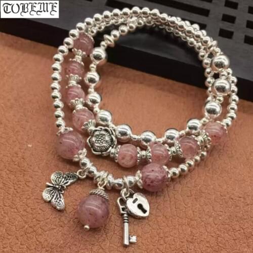 Handmade 925 Silver Beads Bracelet Thai Silver Bohemia Women Bracelet Silver Key Butterfly Charm Beaded Lady Bracelet