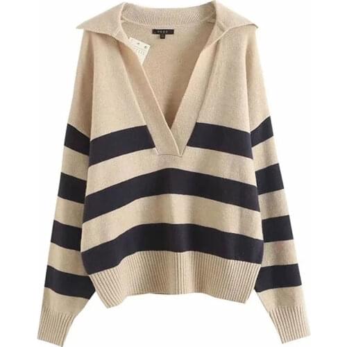 Nlzgmsj Za Women 2021 Autumn Winter Knitted Pullover Sweater Women Striped Print Pullovers Fashion Female Sweater 202108