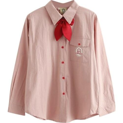 Womens Tie Top And Blouses Cartoon Dog Embroidery Bow Blouse 2020 Spring Sweet Style Long Sleeve Cotton Shirt XUANHAO