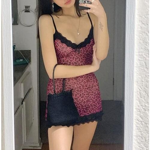 Leopard Print Mini Dress Women Spaghetti Strap Bodycon Dress High Waist Summer Y2k Dress Patchwork Lace Sexy Sleeveless Dresses
