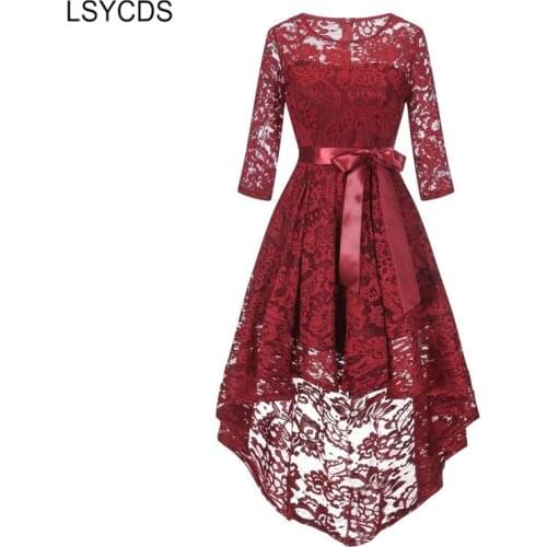 LSYCDS Retro Dress Vintage 50s 60s Autumn 3/4 Sleeve O-Neck Floral Lace Dress Women Elegant High Low Hem Party Dress Ladies