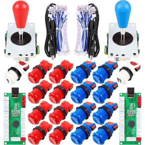 2 Player Ellipse Oval Arcade Joystick + American Style Happ Type Arcade Buttons for PC MAME Raspberry Pi Red & Blue