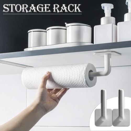 2Pcs Kitchen Self-adhesive Accessories Under Cabinet Paper Roll Rack Towel Holder Tissue Hanger Storage Rack