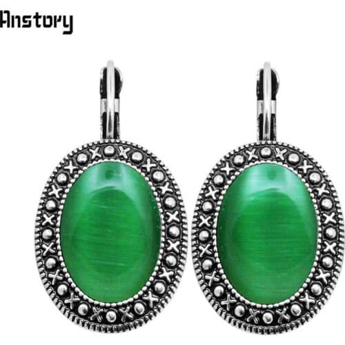 4 Colors Oval Opal Earrings Vintage Pendant Earrings For Women Antique Silver Plated Stone Fashion Jewelry