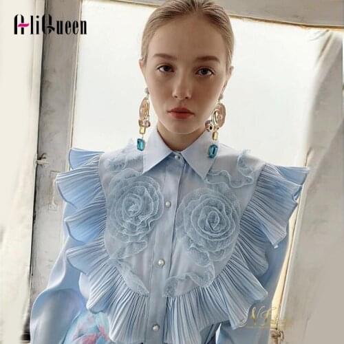 Autumn Spring Plus Size 3D Appliques Ruffles Patchwork Women Shirts Ladies Tops Vintage White Long Sleeve Pleated Blouses 3XL