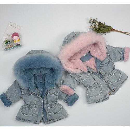 Winter Girls Denim Plus Velvet Cotton Padded Jackets Child Big Real Fur Collar Coats Kids Thickening Warm Hooded Parkas 12M-12t