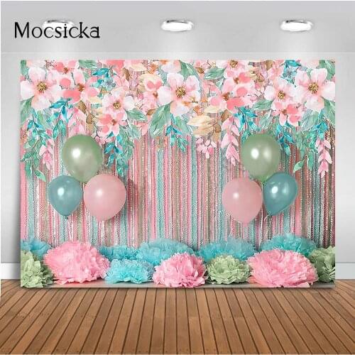 Spring Pink Flowers Newborn Kids Portrait Stripe Photography Backdrop Paperflower Children Baby Birthday Cake Smash Photobooth
