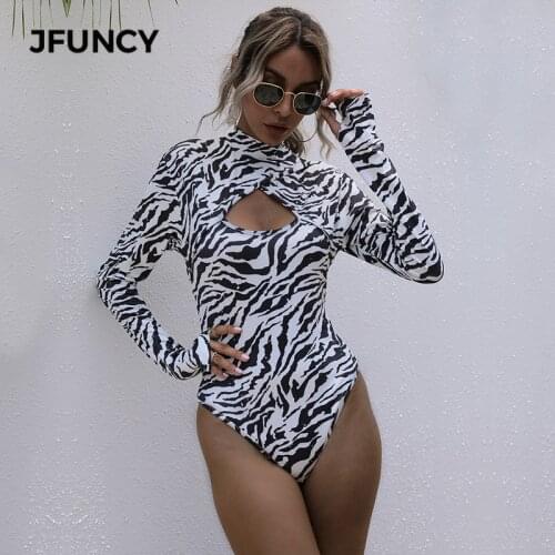 JFUNCY 2020 New Female Short Playsuit Sexy Zebra Print Bodysuit Women Long Sleeve Jumpsuits Lady Autumn Casual Bodycon Romper