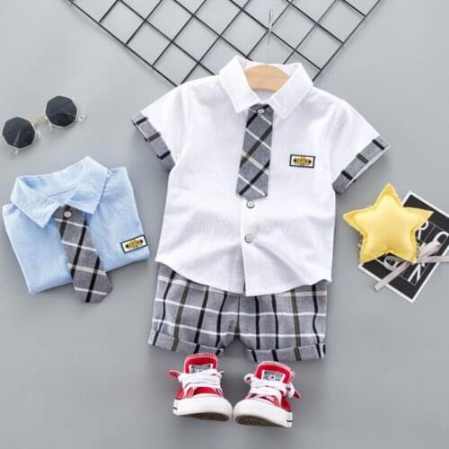2019 Short Sleeve Gentleman T-shirt +Plaid Short Pants Suit Baby Boys Clothes Set For Boys Children Clothing Costume Suits 0-4Y