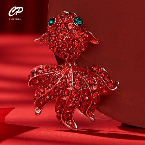 Red Rhinestone Gold Fish Brooches For Women Cute Animal Design Brooch Pin Wedding Party Jewelry