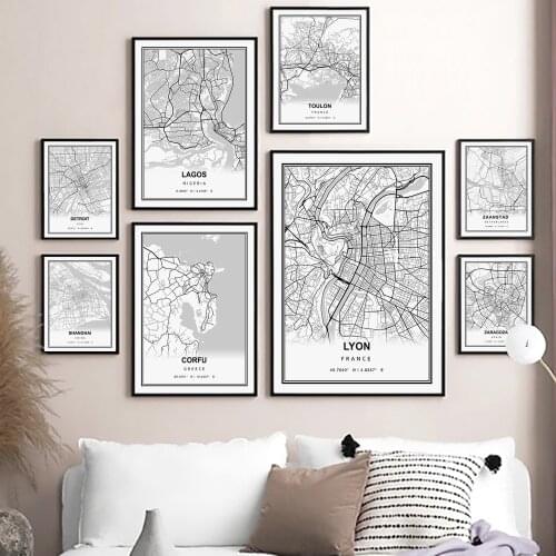 Lyon Sao Paulo Detroit Black White City Map Print Nordic Posters Wall Art Canvas Painting Wall Pictures For Living Room Decor