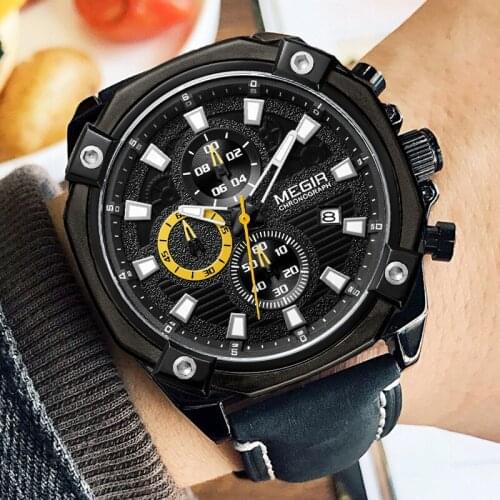 MEGIR Mens Fashion Leather Strap Quartz Wrist Watch Casual Sports Watches Men Luxury Waterproof Analog Clock Relogio Masculino