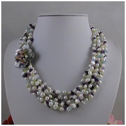Unique Pearls jewellery Store,6rows Multicolor Jaspers Baroque White Freshwater Pearl Necklace,Perfect Women Gift Jewelry