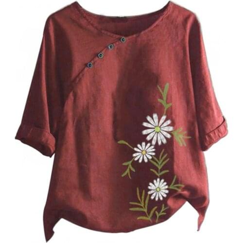 Fashion Pullover Shirt Top O-Neck Skin-friendly Breathable Floral Print Shirt Short Sleeve Button Lady Shirt for Daily Wear