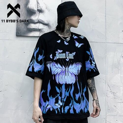 11 BYBBS DARK Blue Flame Butterfly Printed T Shirt Men 2020 Harajuku Streetwear Short Sleeve Casual Cotton Crew Neck Tees Shirt