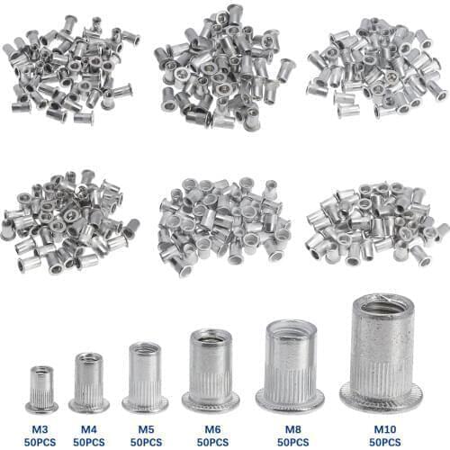 300Pcs M3 M4 M6 M8 M10 Flat Head Rivet Nuts Set Aluminum Alloy Rivet Nuts Nut Insert Riveting Set