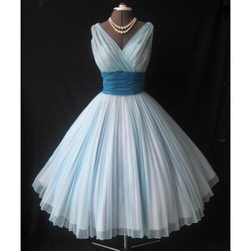 New Arrive Vintage 1950s A Line Tulle Prom Dresses V Neck Ruched Bridesmaid Formal Gowns Vestidos De Fiesta