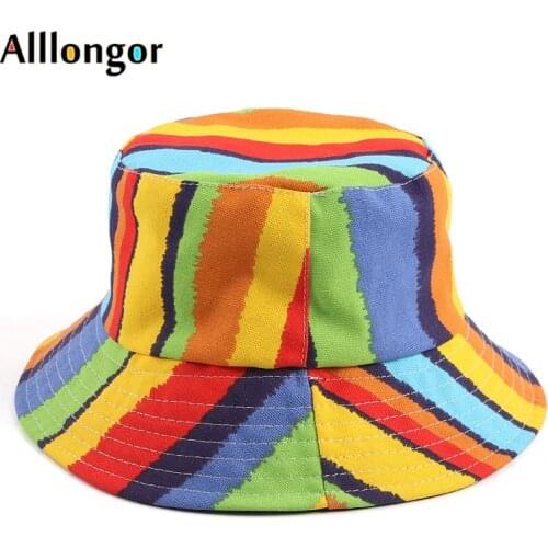 Panama Hat Bob Femme New 2021 Summer Rainbow Stripe Bucket Hats Women Outdoor Travel Sun protection Fisherman Cap Men Hip Hop