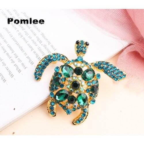 Pomlee Green Rhinestone Turtle Brooch Pin Cute Kawaii Vintage Tortoise Brooches Kids Gift Animal Hijab Pins Bags Accessories